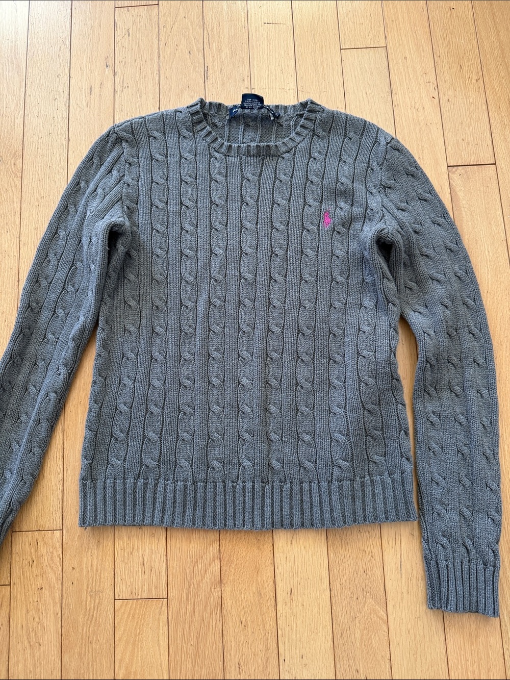 Ralph Lauren Gray Cable-Knit Crewneck Sweater with Pink Logo